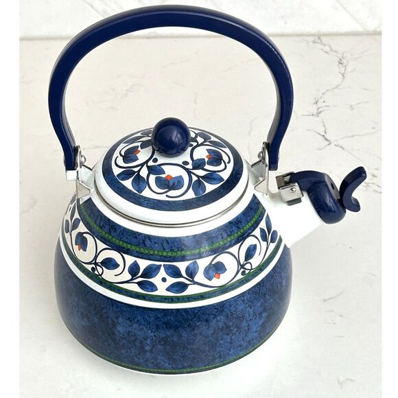 Pfaltzgraff Enamel Tea Kettle Blue/Green/White Stripe & Floral Orleans Pattern - Picture 7 of 9